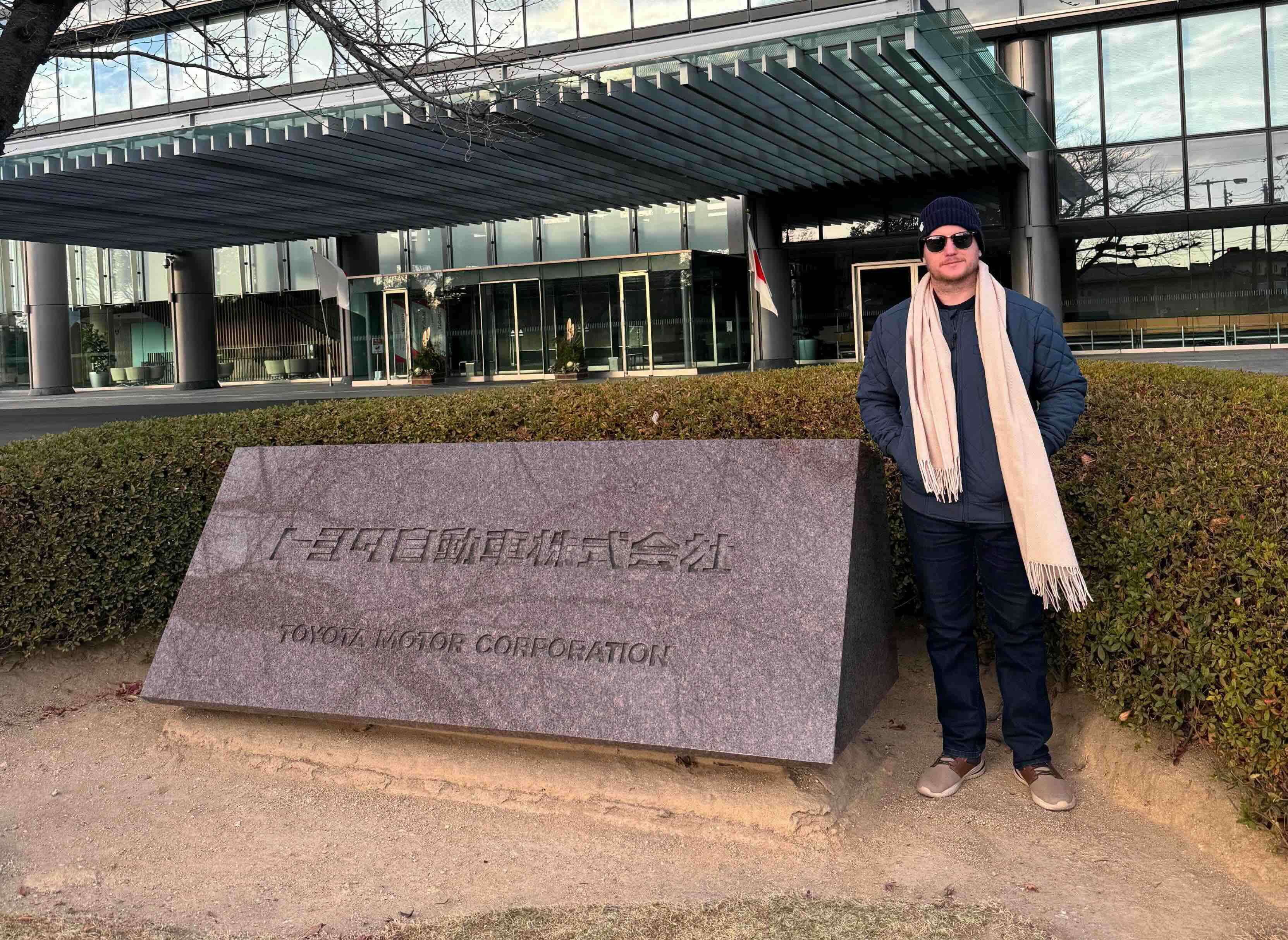 Alex standing outside Toyota Japan HQ